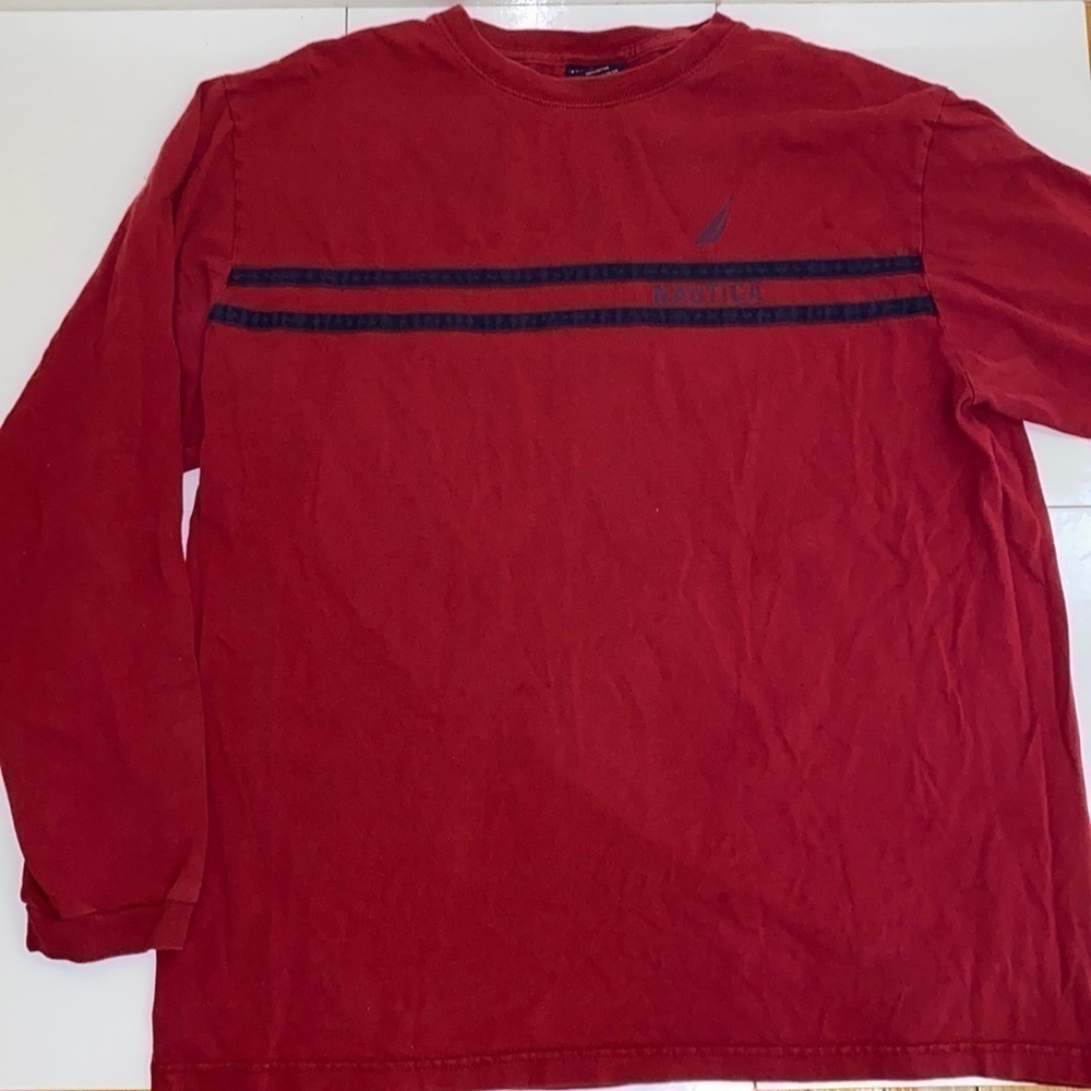 Nautica men’s red long sleeve 💯 cotton tee shirt with navy stripe. Size Large.